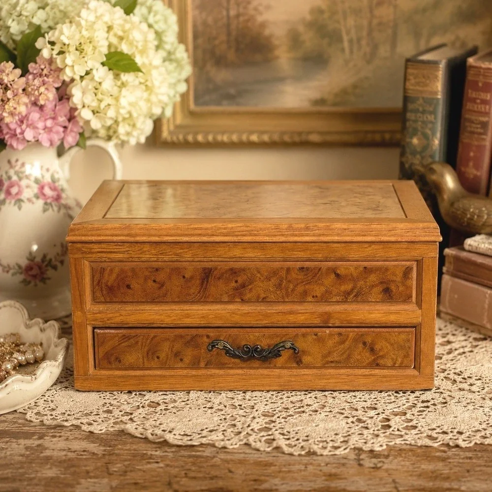 Vintage Burl Wood Jewelry Box Mirror Top Drawer Velvet Lined Trinket Organizer